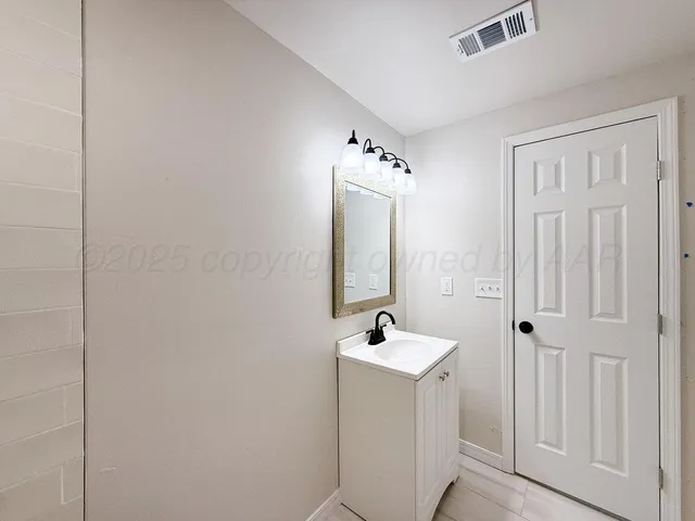 a bathroom with a sink a mirror and shower