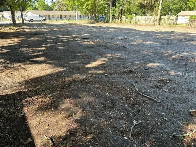 a view of a yard with large trees