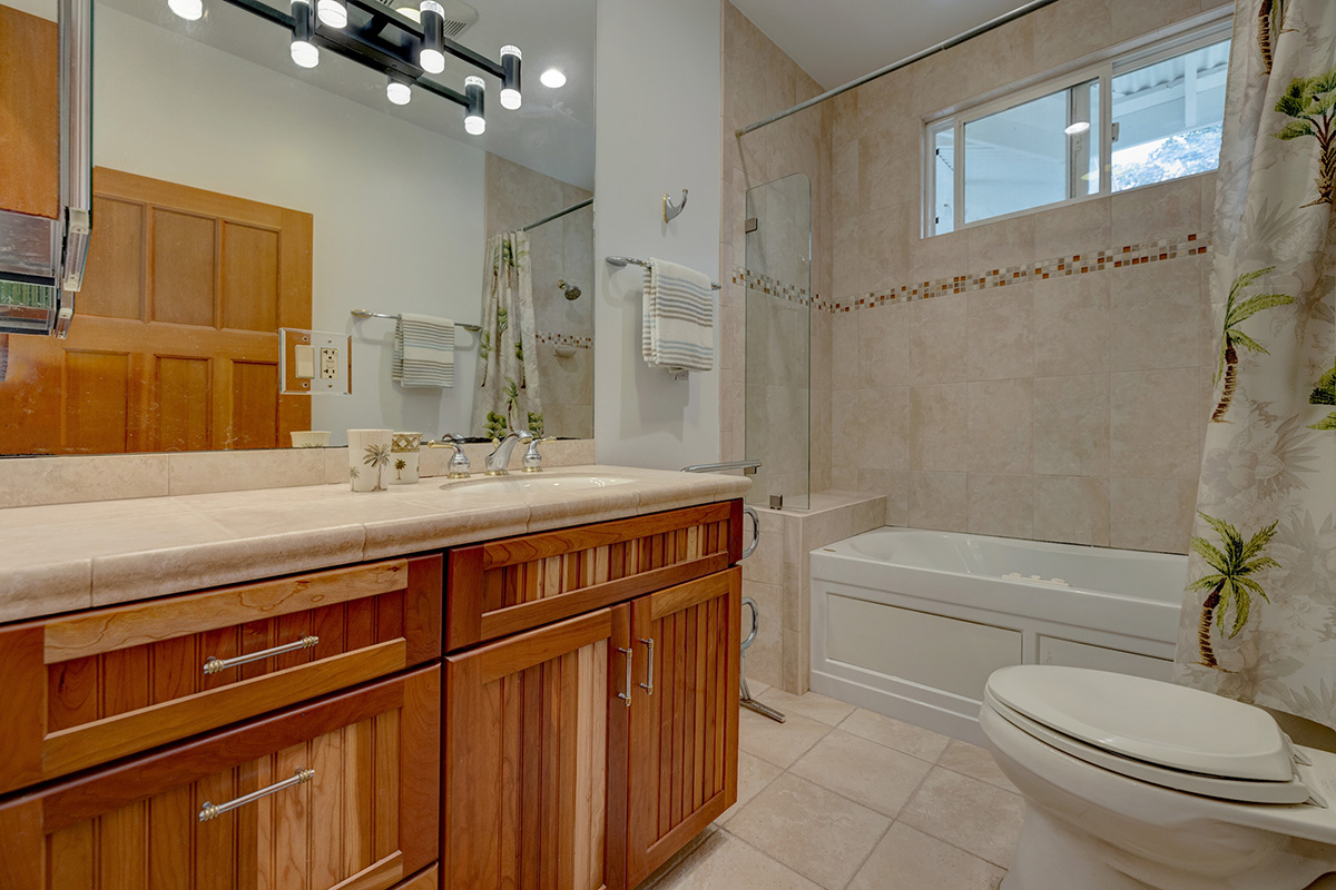 19-4221 Haunani Road Volcano, HI 96785 - Photo 17 of 30 a bathroom with a sink a toilet a mirror and bathtub