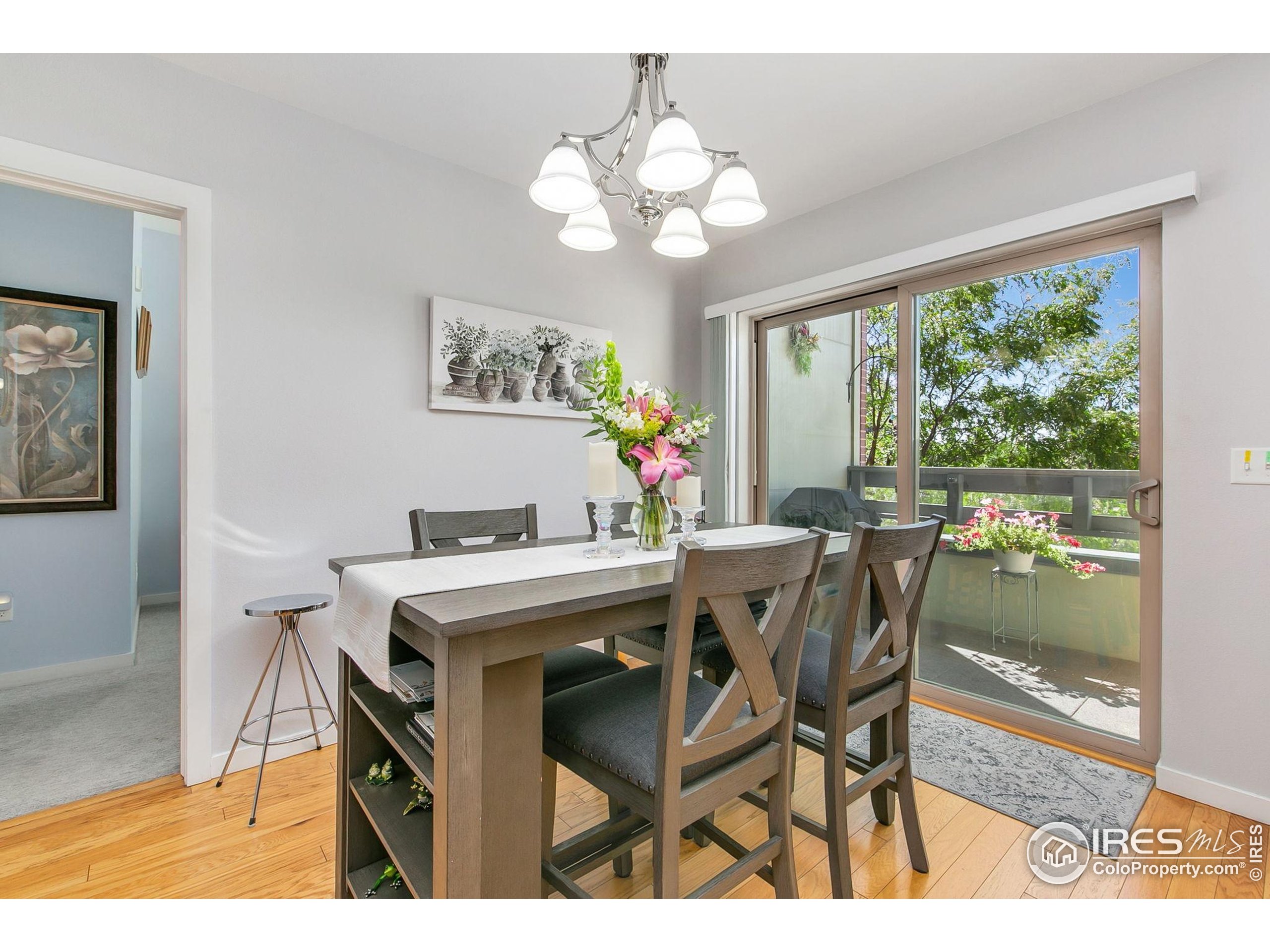 204 Maple Street, Unit 207 Fort Collins, CO 80521 - Photo 16 of 21 a view of a dining room with furniture a chandelier and wooden floor