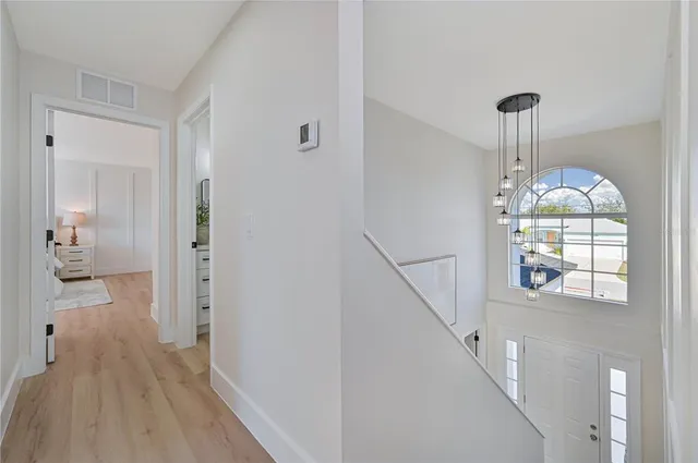 a view of a hallway view with wooden floor and staircase