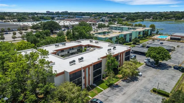 a view of a buildings in front of house