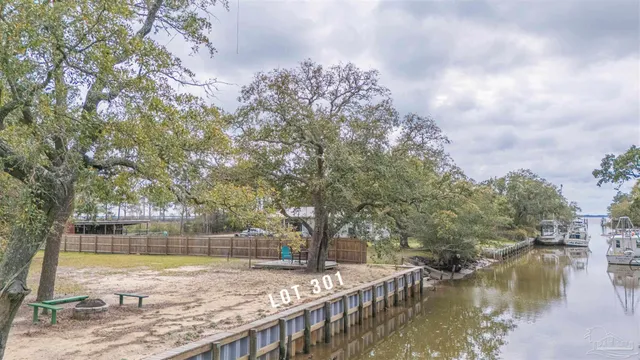 a view of a lake with a yard and large trees