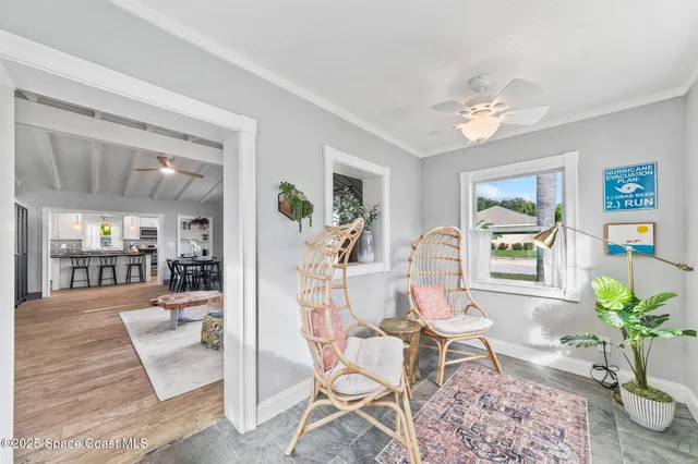 a living room with furniture and a potted plant