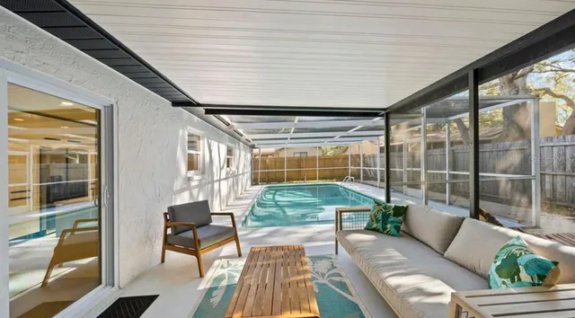 a building outdoor space with patio furniture