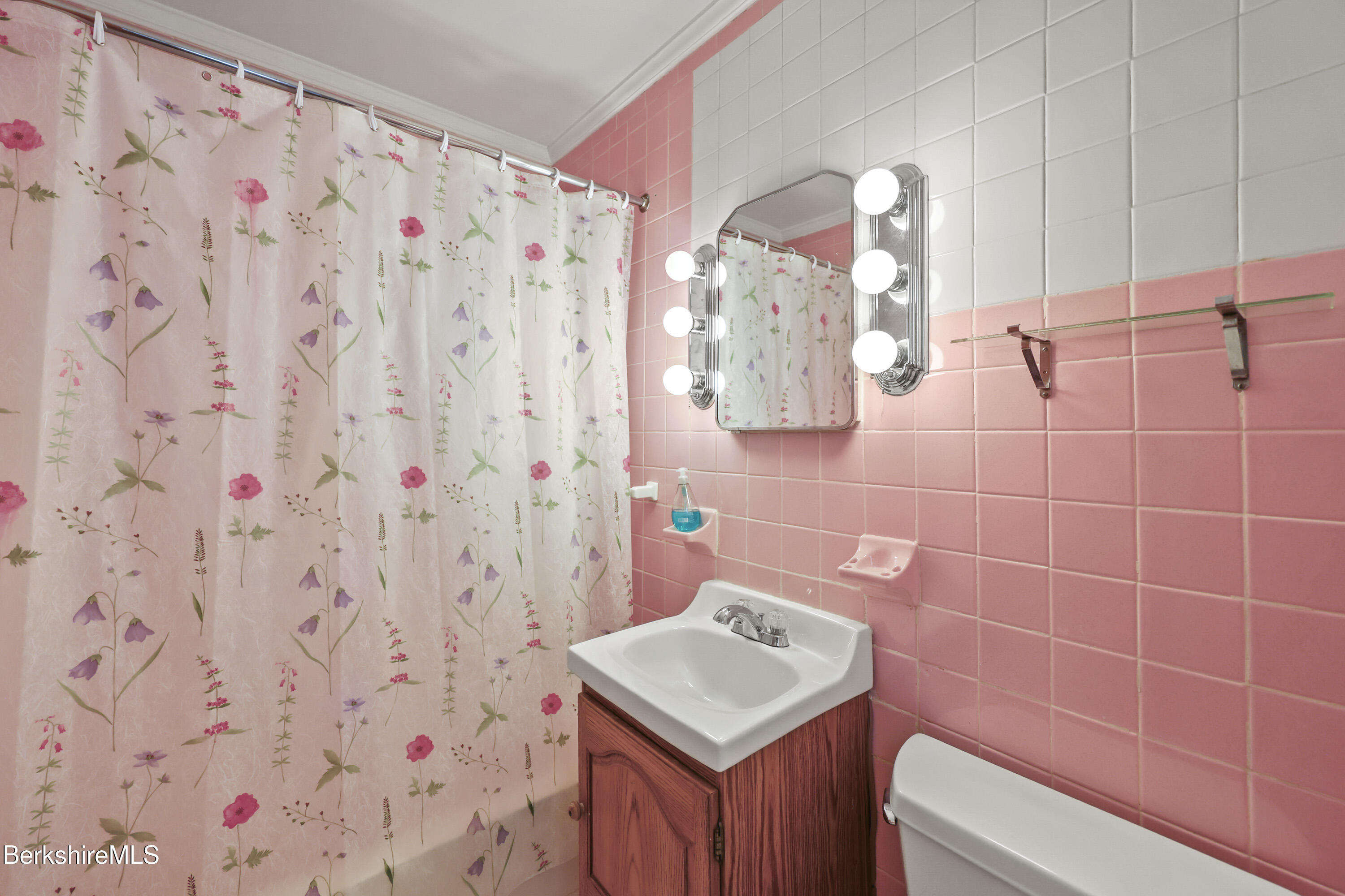 505 Barbour Street North Adams, MA 01247 - Photo 13 of 32 a bathroom with a sink a toilet and shower curtain