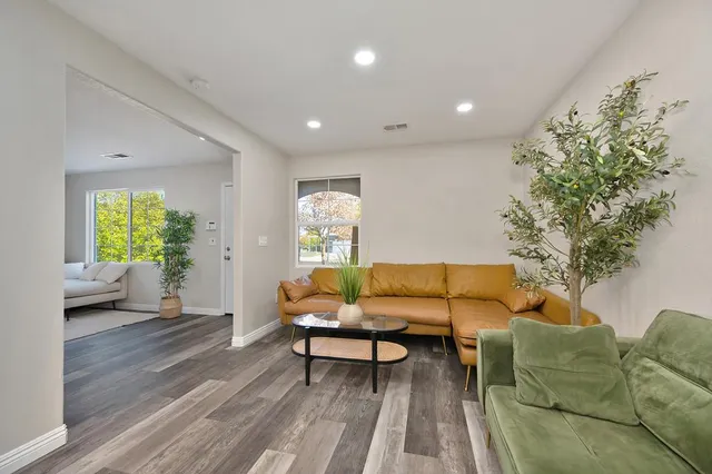 a living room with furniture and a potted plant