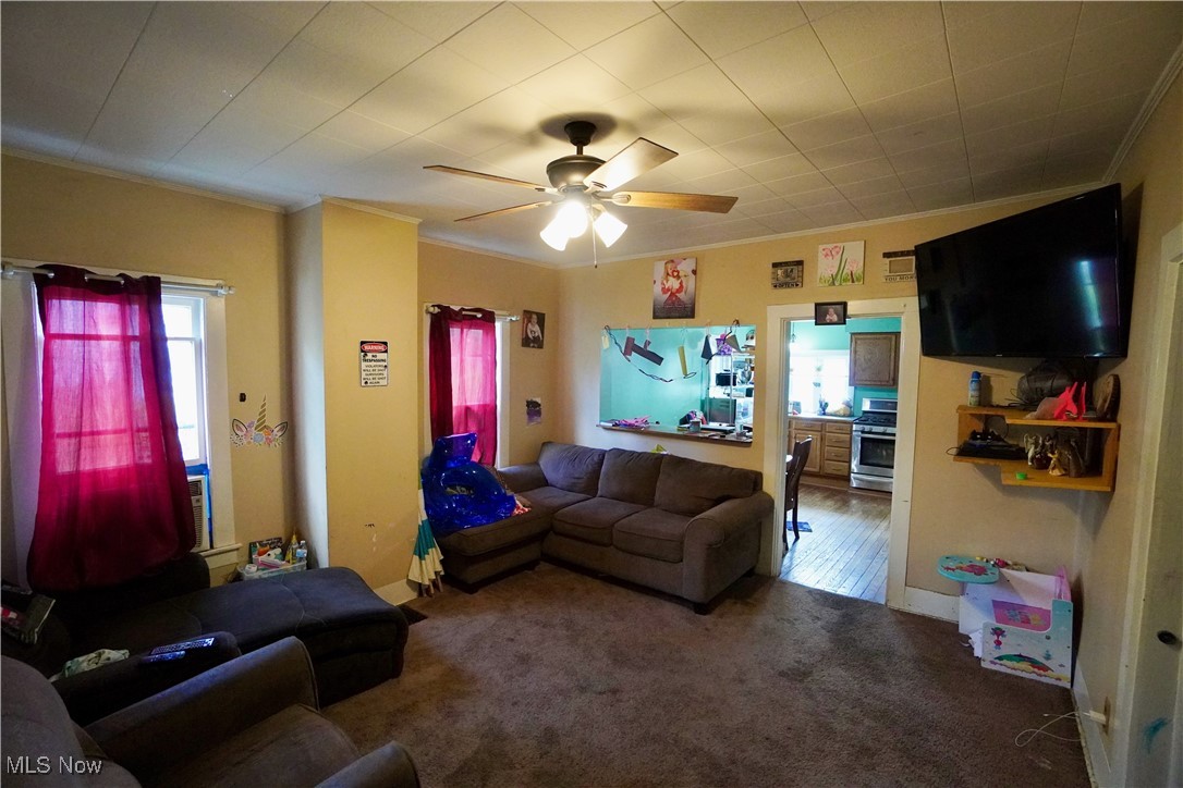 6258 Waterloo Road Atwater, OH 44201 - Photo 6 of 13 Living room with crown molding, ceiling fan, and hardwood / wood-style flooring