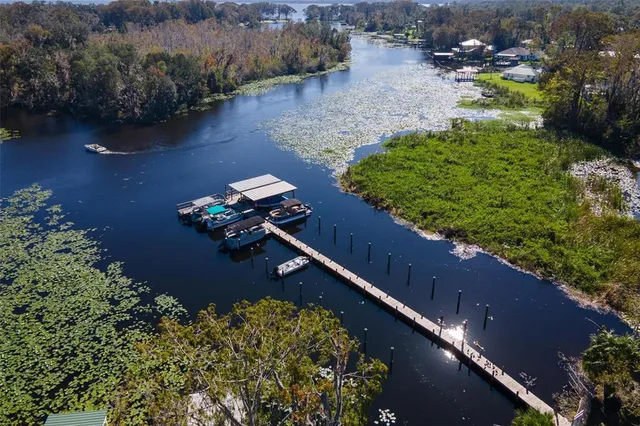 an aerial view of a house with a yard and lake view