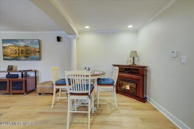 a view of a dining room with furniture