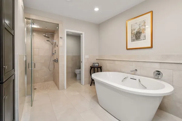 a bathroom with a bathtub and a shower