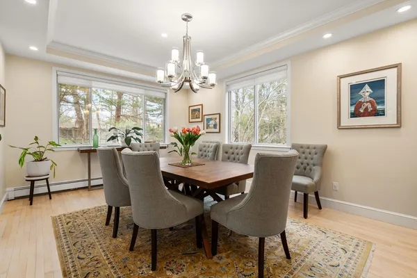 a view of a dining room with furniture window and outside view