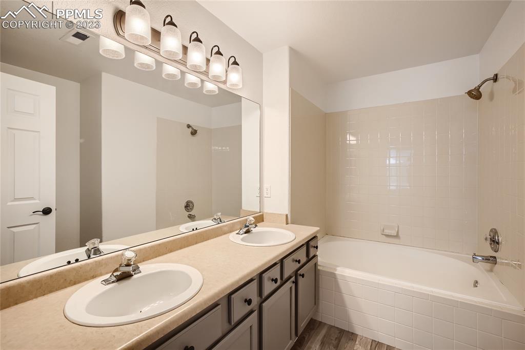 3764 Riviera Grove, Unit 203 Colorado Springs, CO 80922 - Photo 7 of 31 a bathroom with a tub a sink and mirror