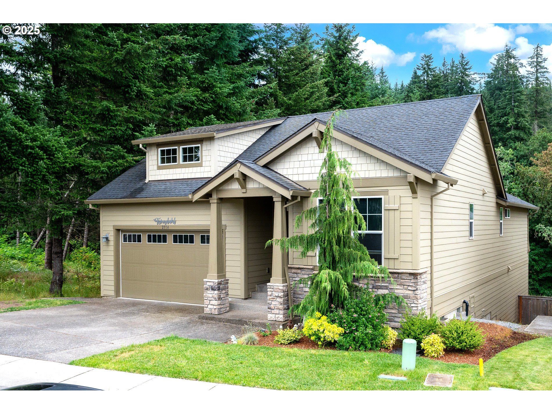 a view of a yard in front of a house with large windows