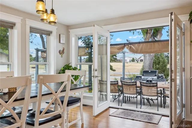 a view of a dining room with furniture window and outside view