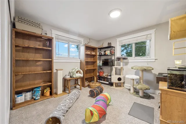 a living room with furniture cabinets and a window