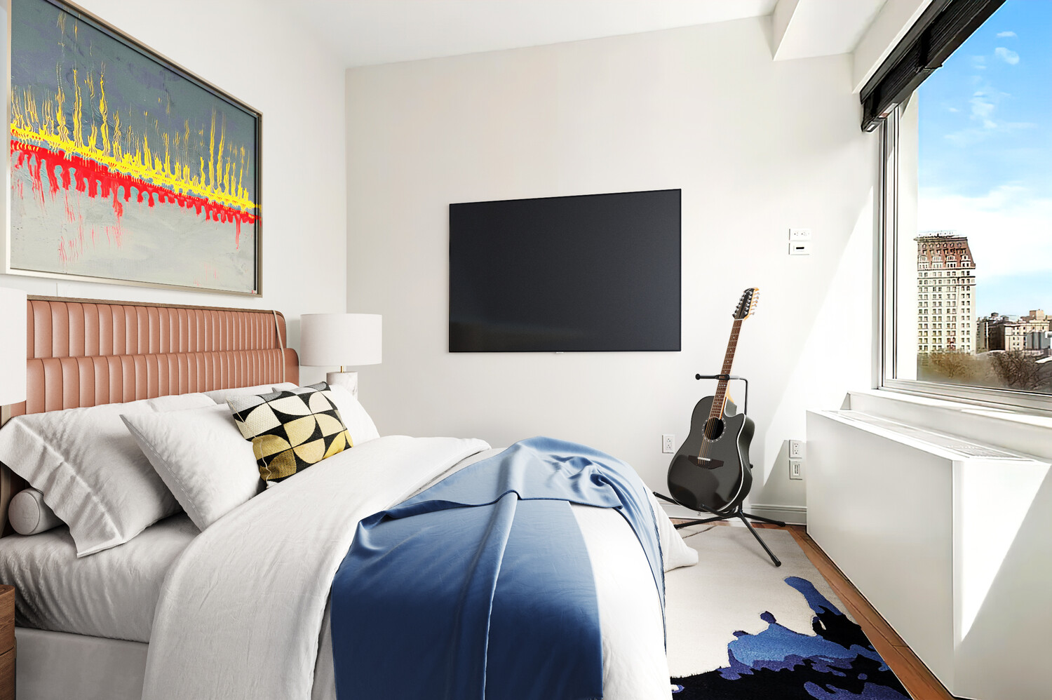 1 Irving Place, Unit 7B Manhattan, NY 10003 - Photo 4 of 8 a bed room with a bed window and a flat screen tv