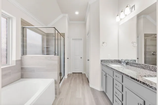 a bathroom with a granite countertop sink a mirror a bathtub and shower