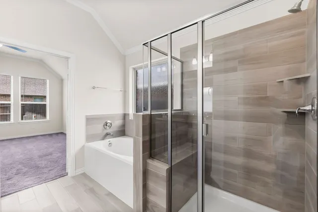 a bathroom with a bathtub and a shower