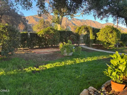 a view of a garden with a house