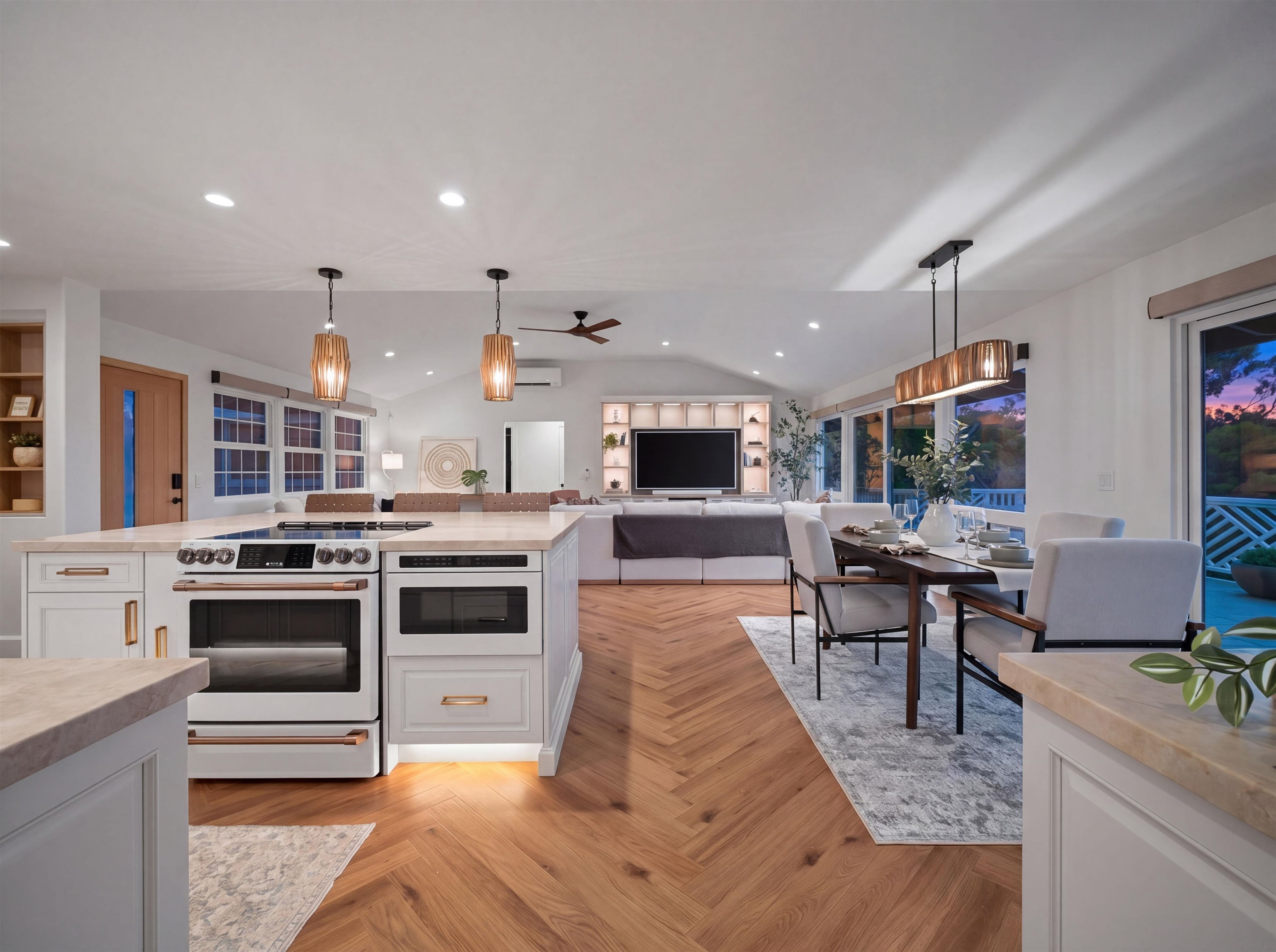 50 Eono Place Haiku, HI 96708 - Photo 4 of 50 a kitchen with stainless steel appliances granite countertop a stove top oven a sink dishwasher a dining table and chairs with wooden floor