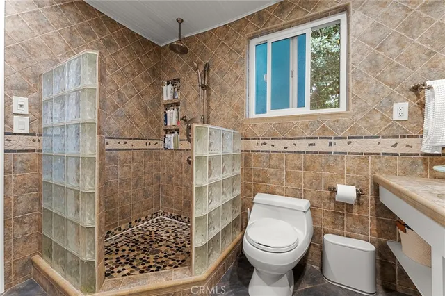 a bathroom with a toilet and a shower