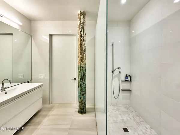 a bathroom with a double vanity sink a mirror and a shower