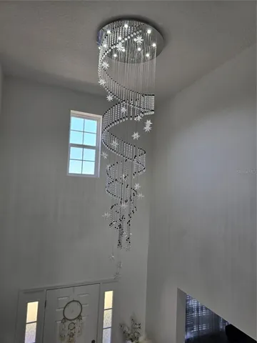 a view of a chandelier in a room