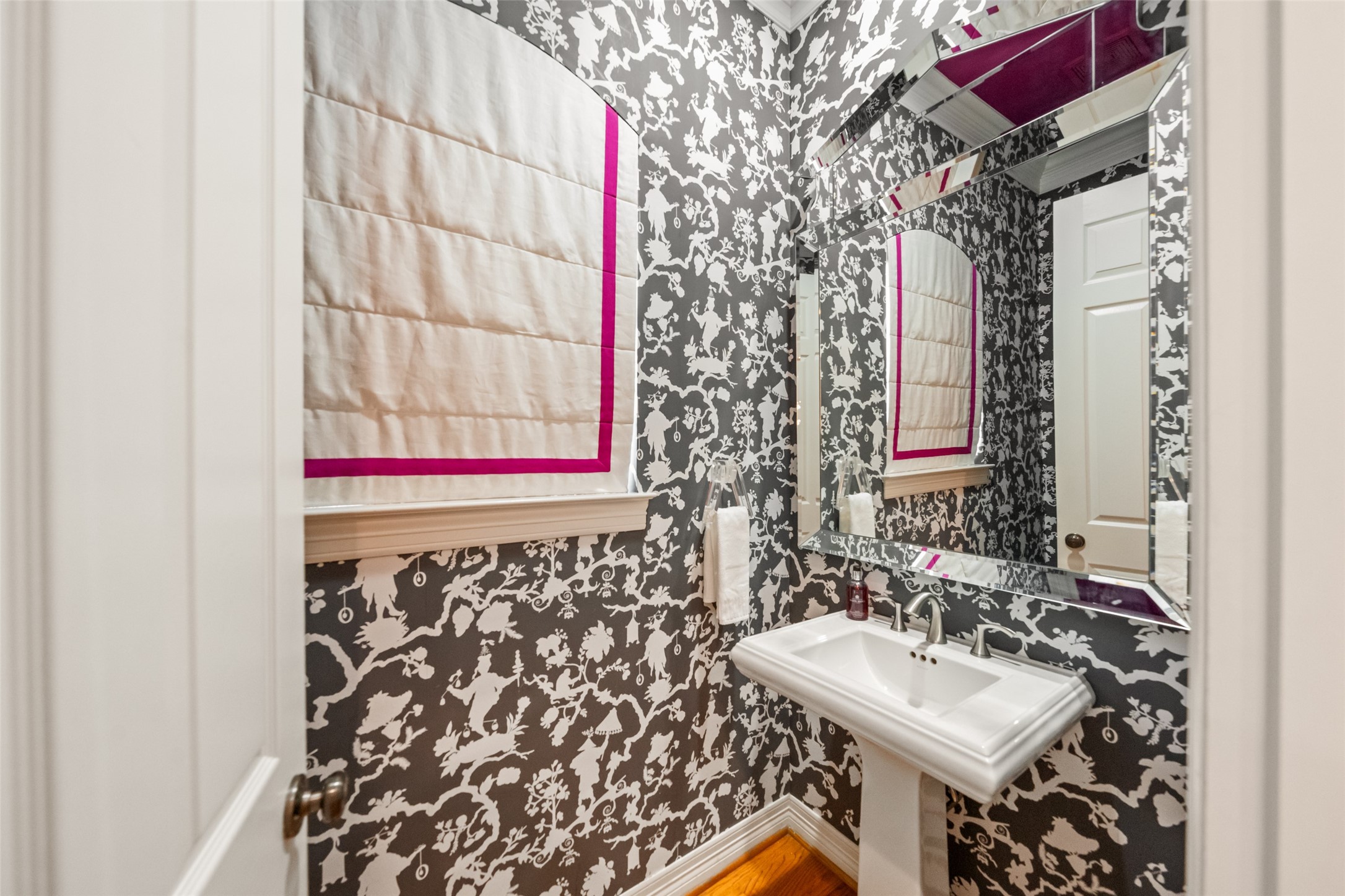 2708 Wroxton Road West University Place, TX 77005 - Photo 8 of 22 Elegant powder room featuring a designer touch with a custom window shade perfectly matching the ceiling.