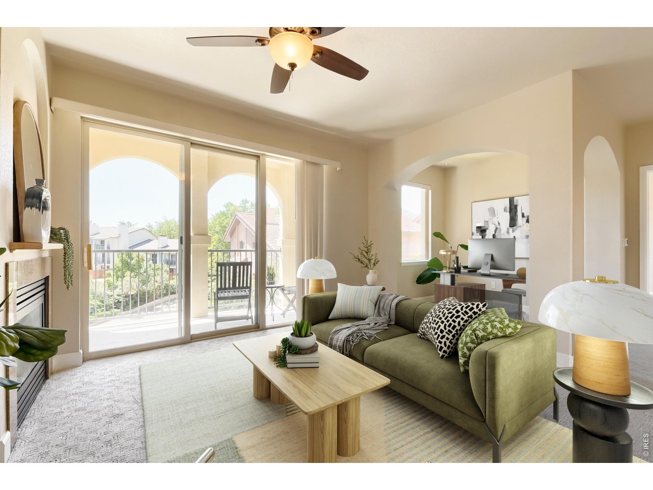 4500 Baseline Road, Unit 3305 Boulder, CO 80303 - Photo 2 of 25 Living room with fireplace and balcony entrance- virtually staged