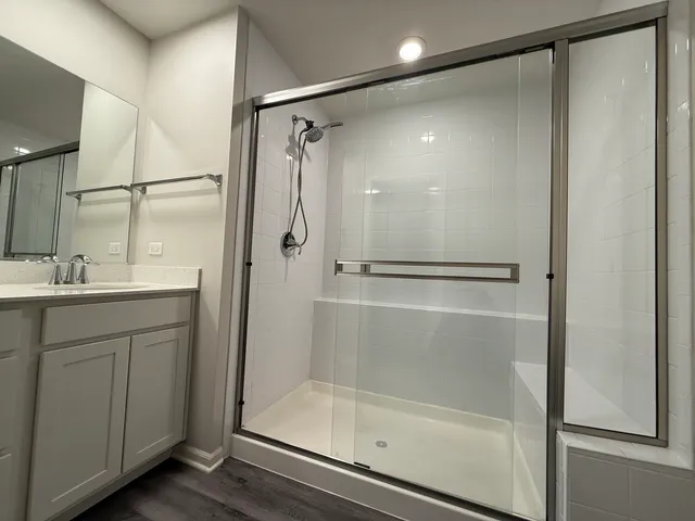 a bathroom with a shower sink vanity and mirror