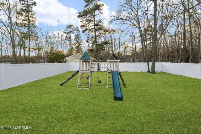 a view of a backyard with a slide and a tree