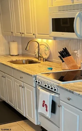 a close view of a sink and a microwave