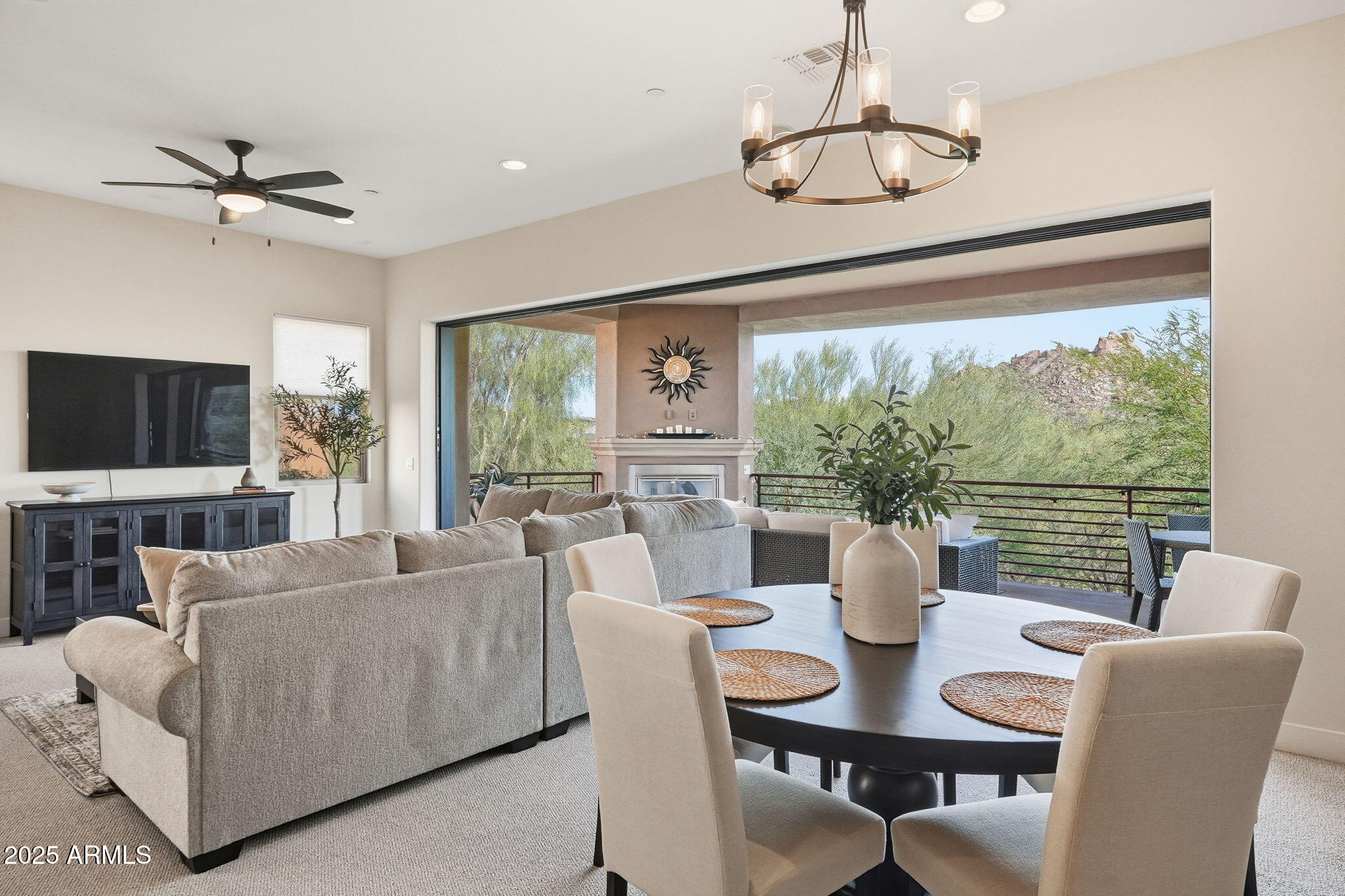 a view of a dining room with furniture window and outside view