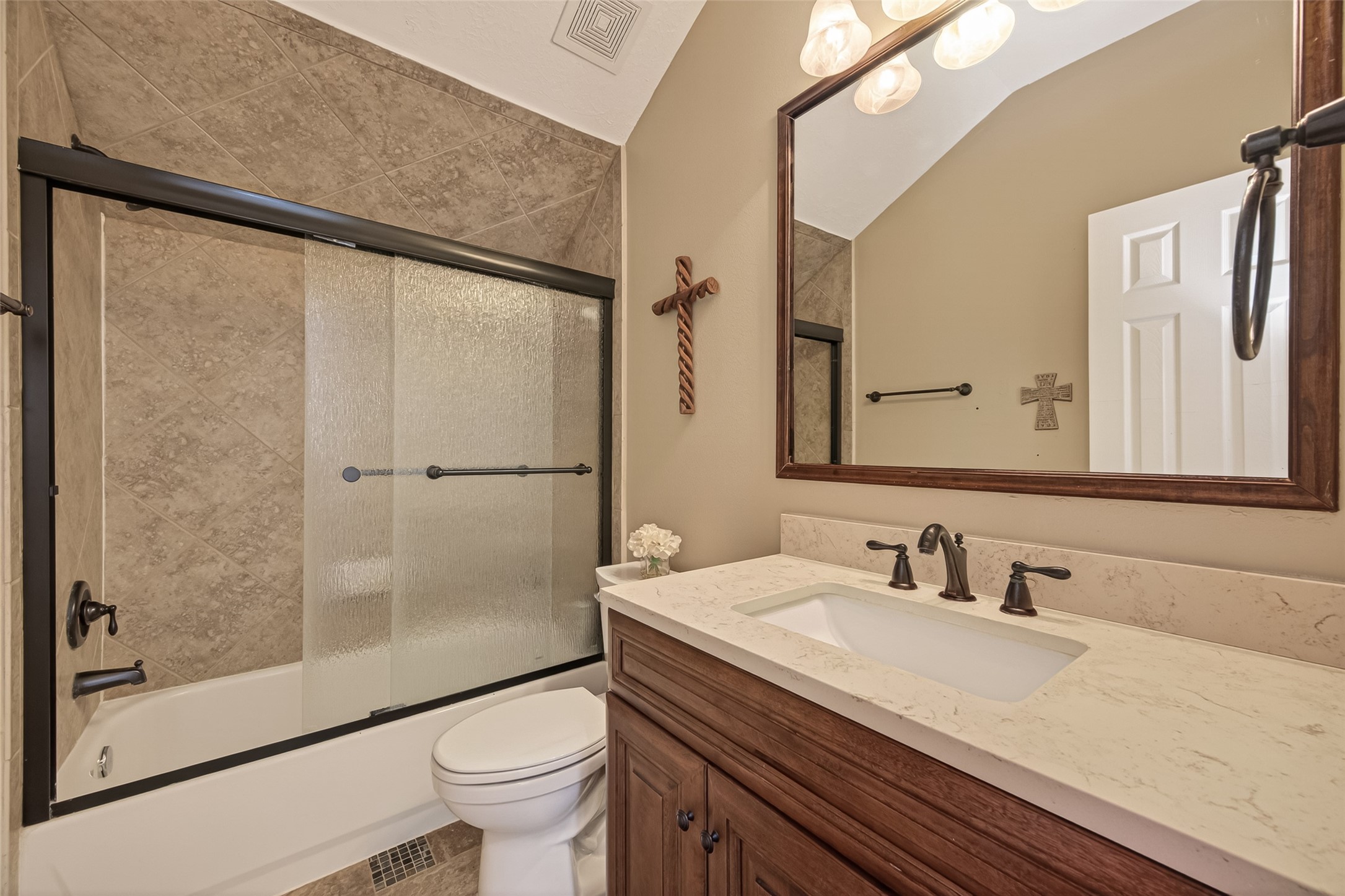 2319 Braer Ridge Drive Katy, TX 77494 - Photo 34 of 50 a bathroom with a granite countertop sink toilet and shower