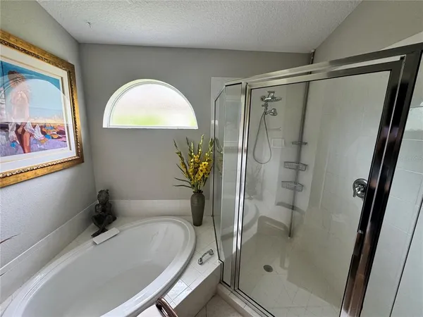 a bathroom with a tub and a shower
