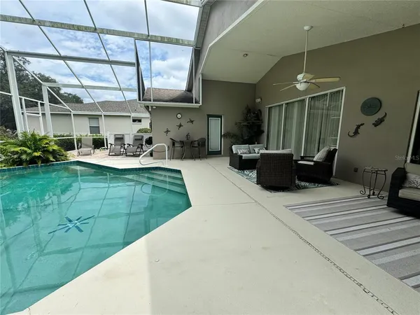 a view of a patio with couches chairs and a potted plant