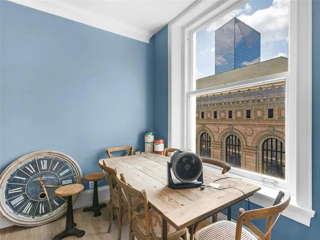 a view of a dining room with furniture