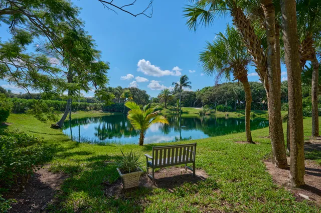 a view of a wooden bench sitting in backyard of house