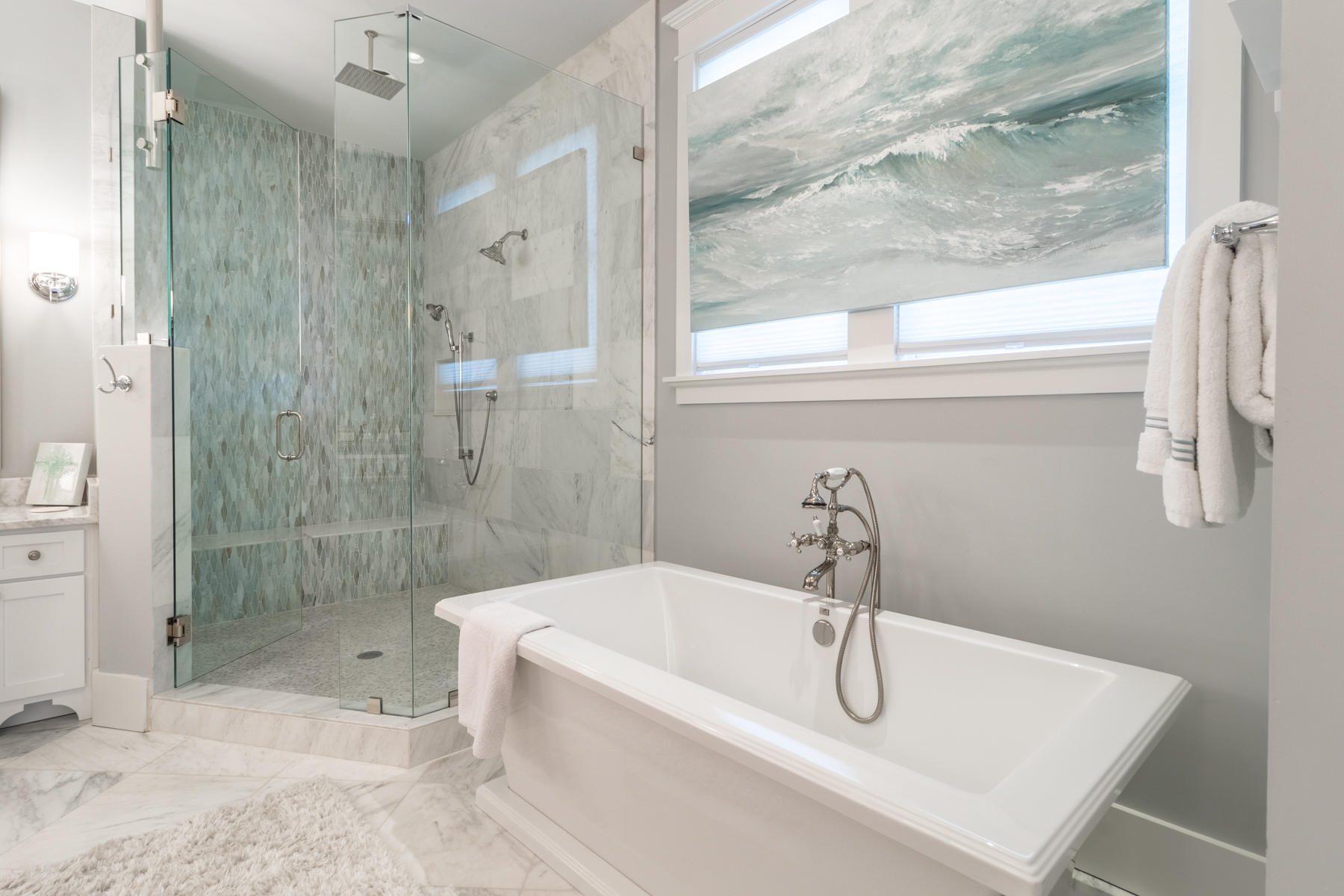 52 North Shingle Way Inlet Beach, FL 32461 - Photo 19 of 49 a bathroom with a sink a glass door shower and mirror