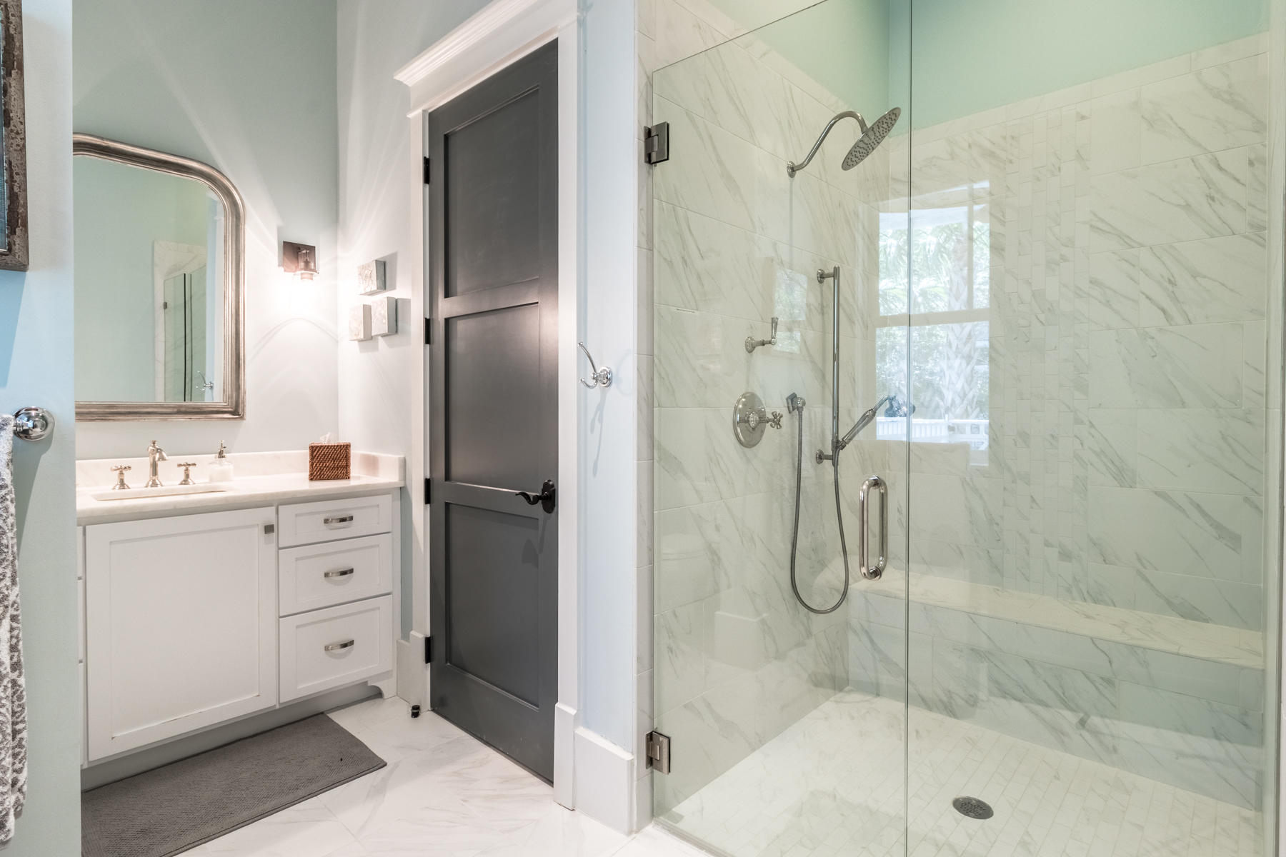 52 North Shingle Way Inlet Beach, FL 32461 - Photo 22 of 49 a bathroom with a double vanity sink mirror and shower
