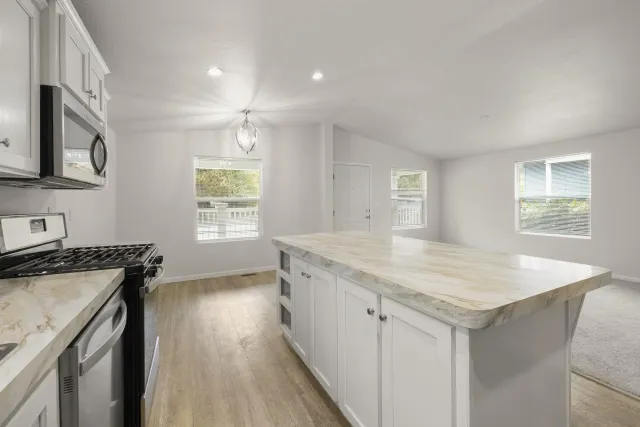 a kitchen with stainless steel appliances granite countertop a refrigerator and a sink