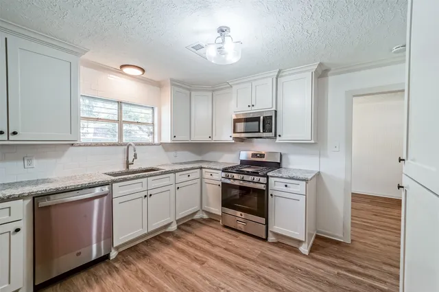 a kitchen with granite countertop white cabinets stainless steel appliances and a sink
