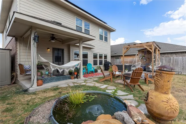 front view of a house with a patio