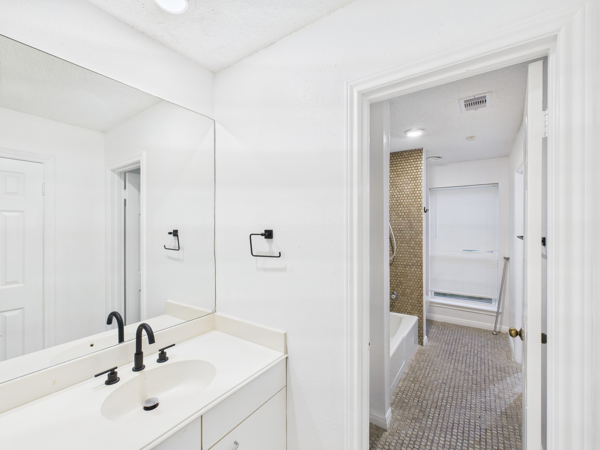 7610 Hopewell Lane Houston, TX 77071 - Photo 18 of 31 a bathroom with a sink a mirror and shower