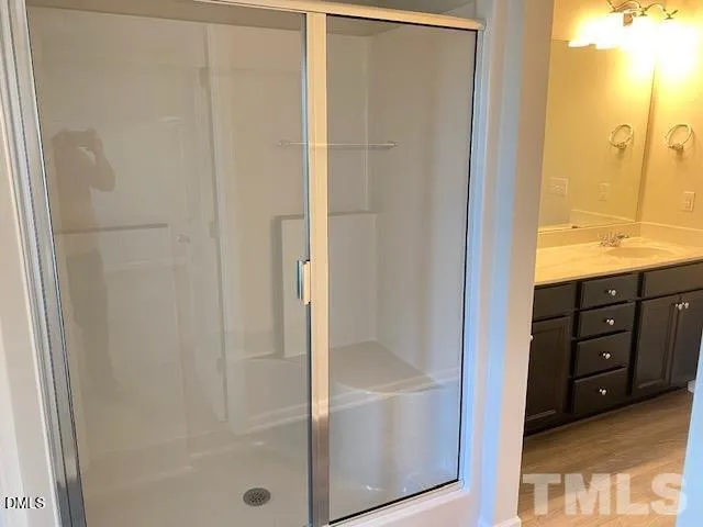 a bathroom with a shower and a sink