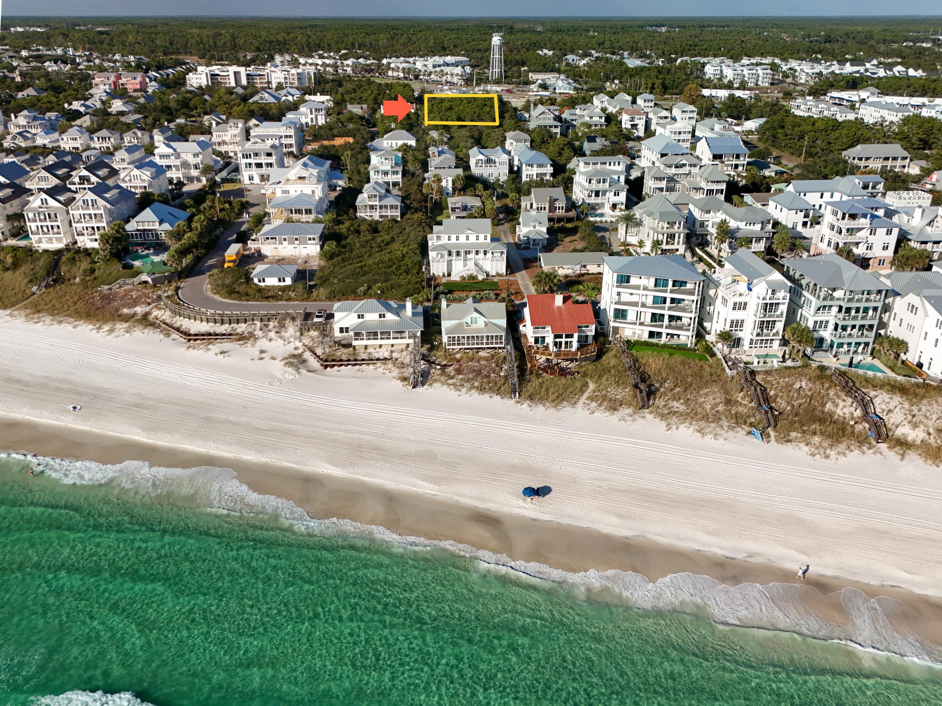 Inlet Beach aerial from beach with arrow