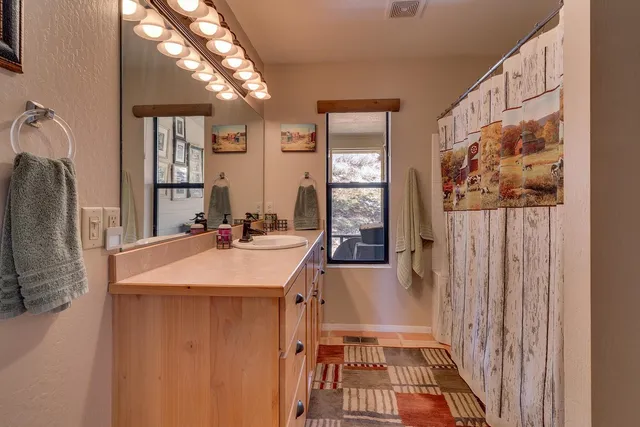 a bathroom with a sink a mirror and a shower