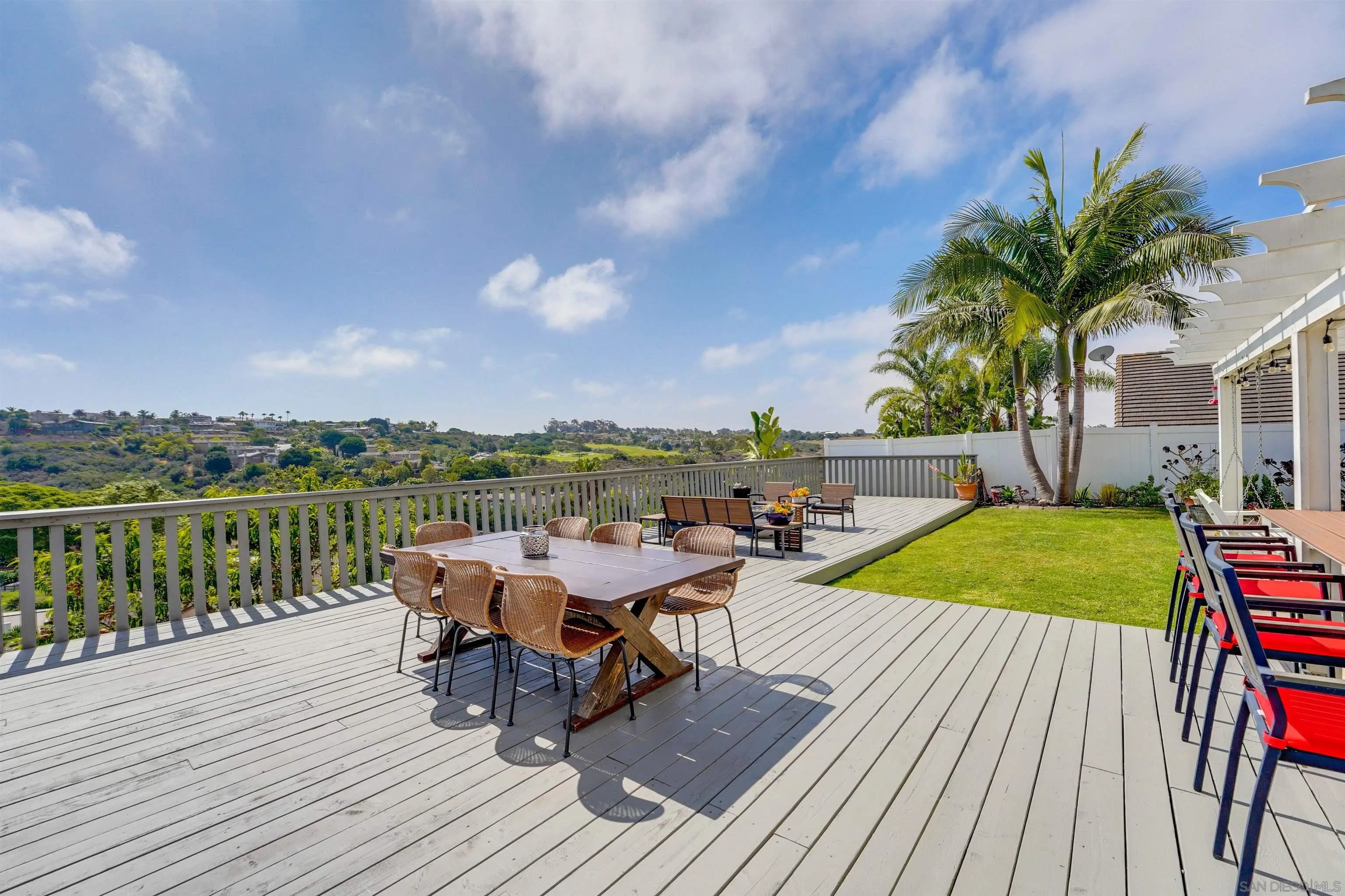 1647 Hawk View Drive Encinitas, CA 92024 - Photo 55 of 73 a view of a roof deck with table and chairs a barbeque with wooden floor and fence