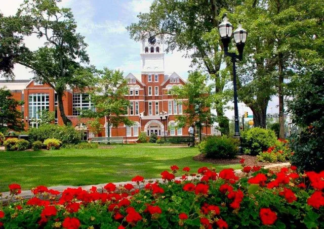 a view of a building with a street